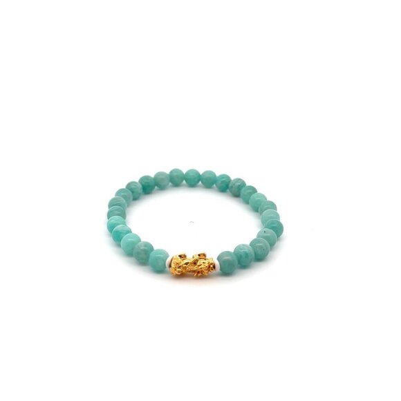 18K Gold Pixiu Piyao Lucky Charm Bracelet Natural Amazonite Peru Gemstones 6mm - Picture 6 of 6